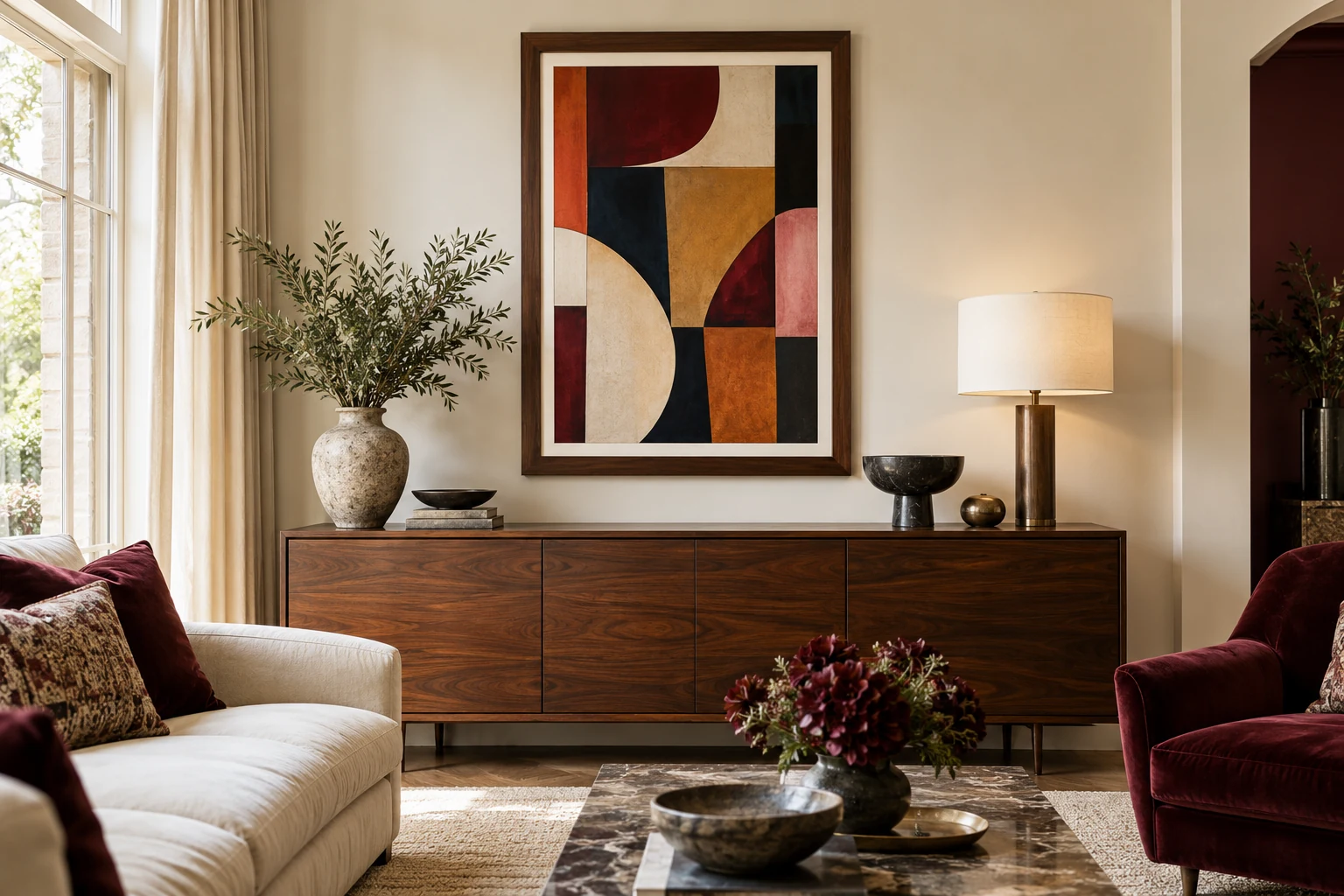 Illustrative interior with a colourful abstract print in a polished wooden frame above a walnut sideboard